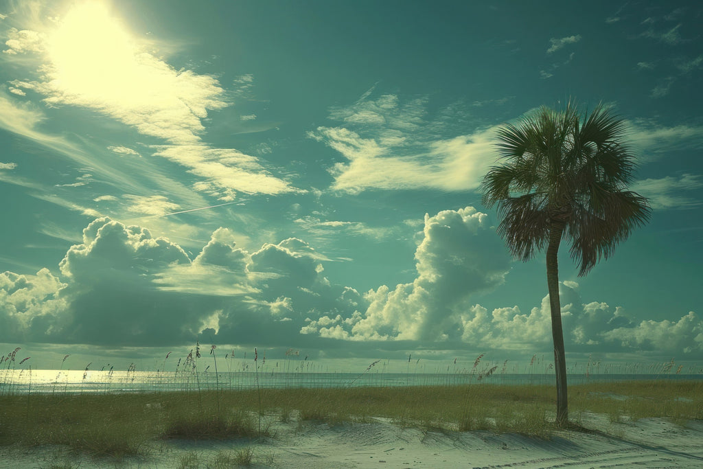A lone sabal palm on a Florida dune with sea oats, under a stack of Gulf cumulus