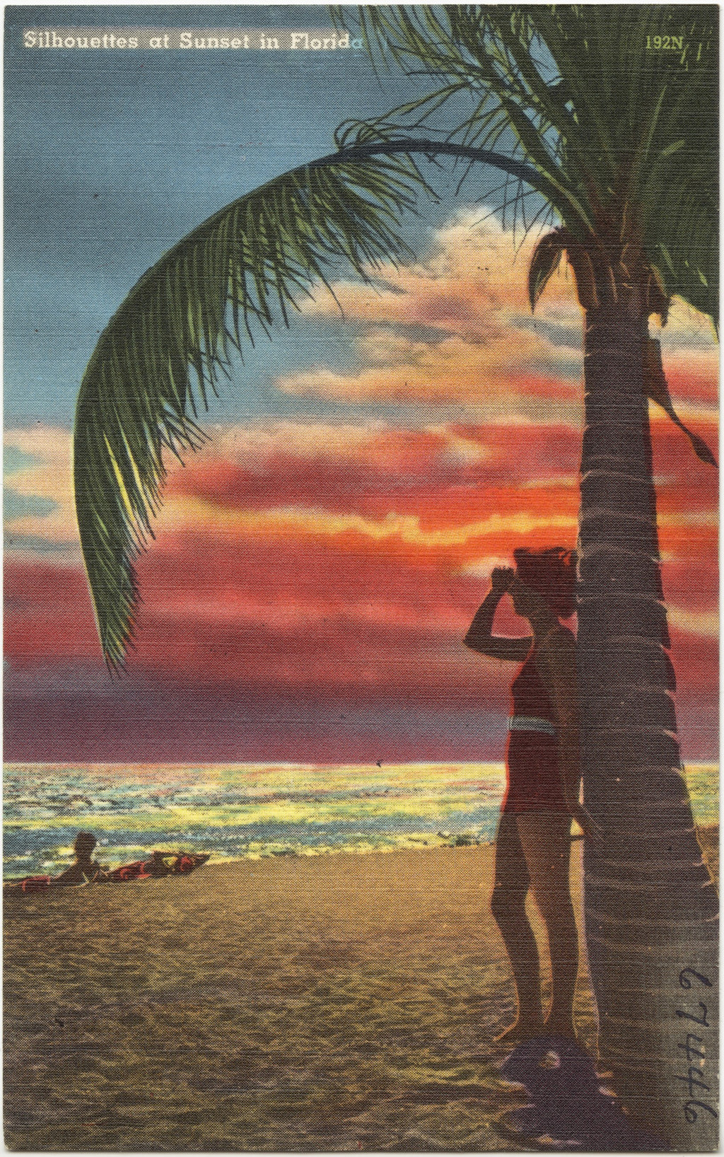 Vintage Florida linen postcard: a woman shading her eyes against a palm trunk at sunset, captioned Silhouettes at Sunset in Florida