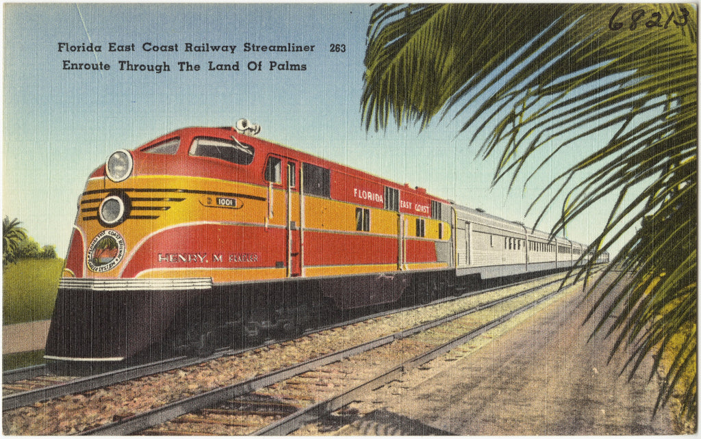 Linen postcard: Florida East Coast Railway streamliner en route through the Land of Palms