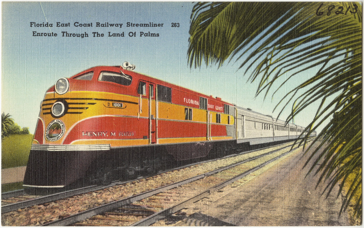 Linen postcard: Florida East Coast Railway streamliner en route through the Land of Palms