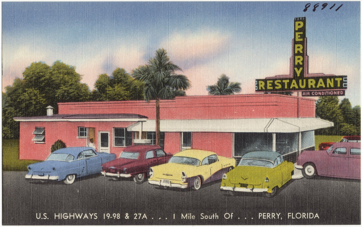 Linen postcard: Perry Restaurant on U.S. Highways 19, 98, and 27A south of Perry, Florida