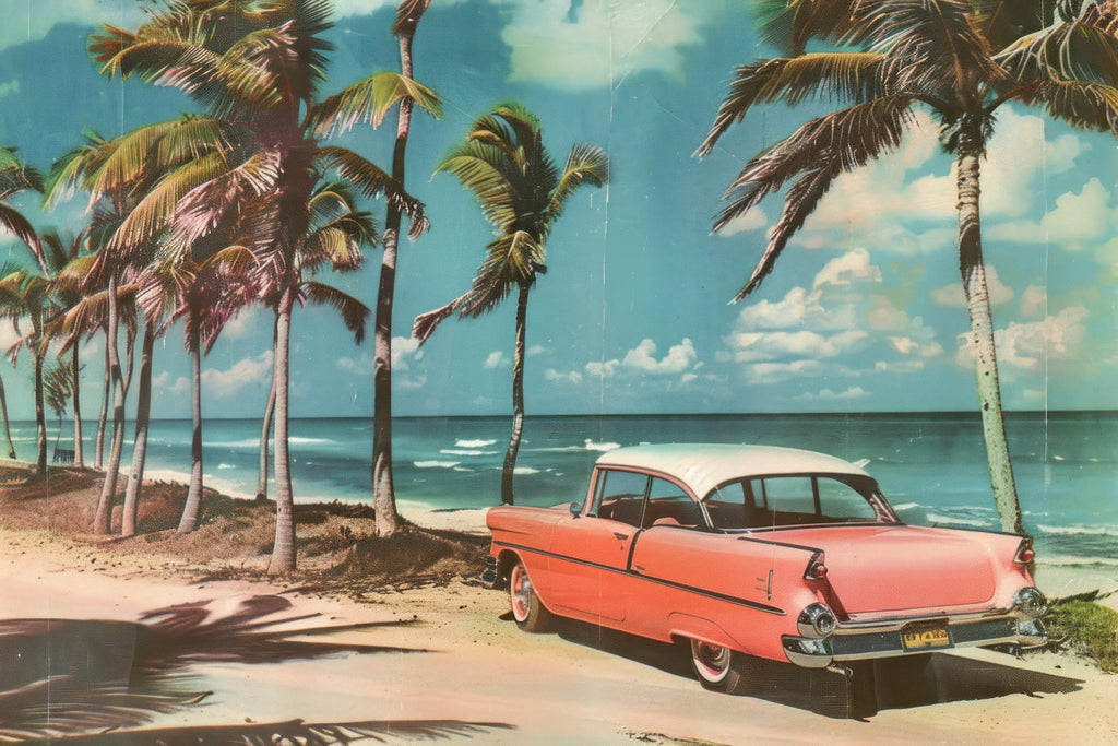 Illustration in the linen postcard manner: a pink fifties sedan on a Florida beach under coconut palms