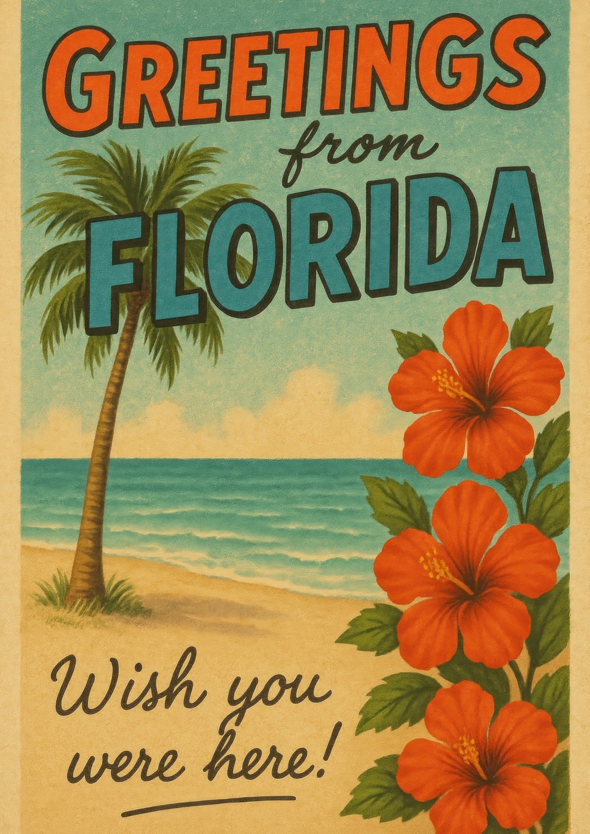 Illustration in the linen postcard manner: Greetings from Florida, Wish You Were Here, with a lone palm and hibiscus